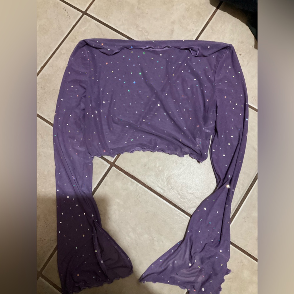 Purple Long Sleeve Crop Top with Rhinestones
